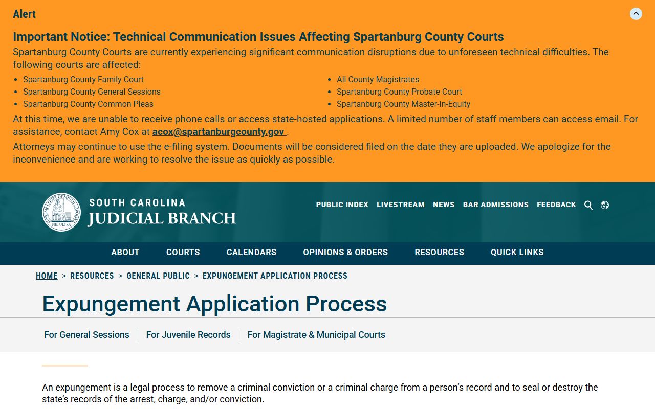 Anderson County criminal court records South Carolina expungement process