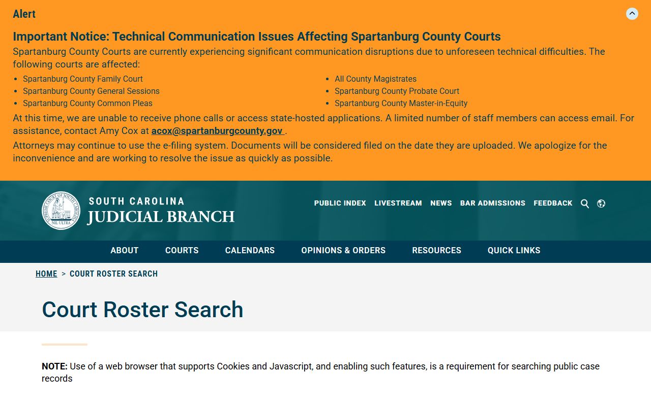 Anderson County court dockets Court Roster Search page