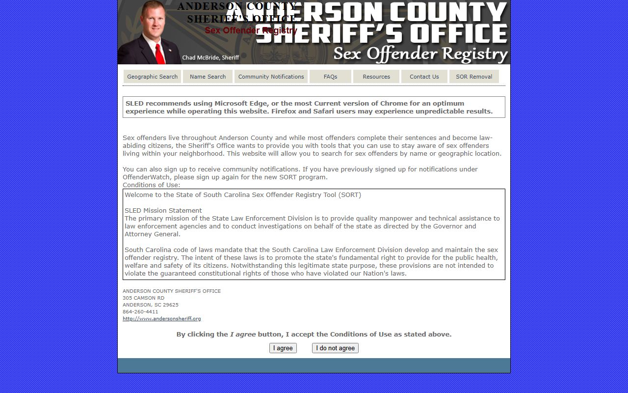 Anderson County inmate records SLED sex offender registry