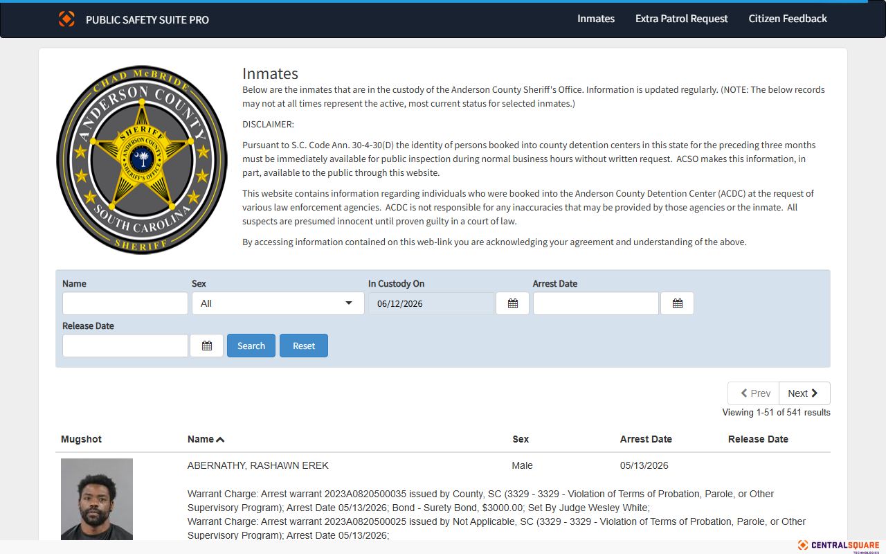 Anderson County inmate records Sheriff's Office Zuercher inmate search